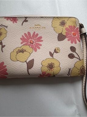 COACH Floral Leather Wristlet in Pink, Yellow and Brown